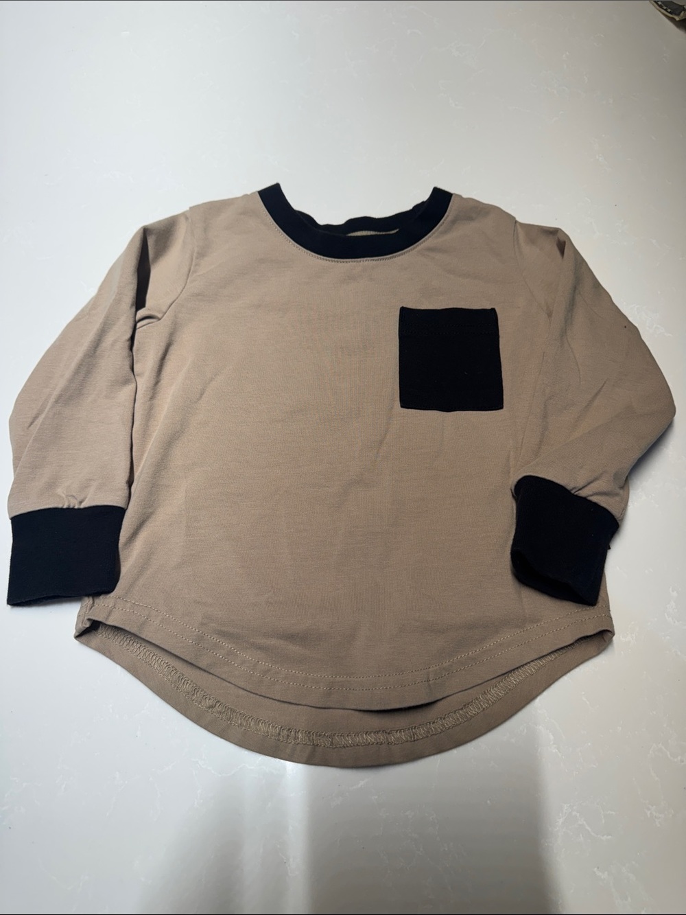 Little Bipsy Taupe Long-Sleeve Tee with Black Trim & Pocket - Picture 1 of 2